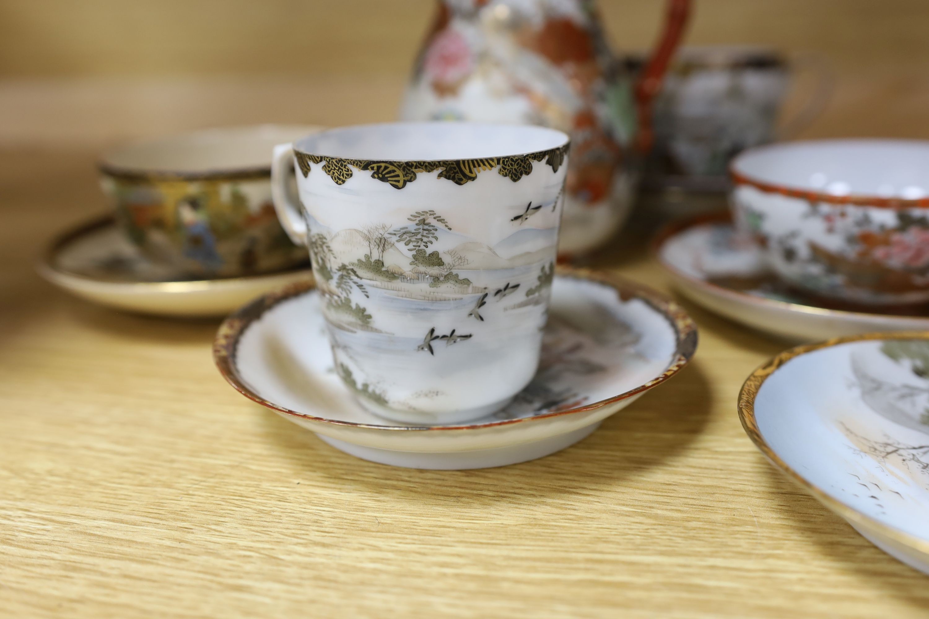 Japanese Satsuma pottery teacup and saucer, various Japanese excel porcelain cups and saucers and a Sumida bowl